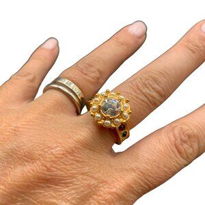 Matte Gold Tone Ring with Jewel Tones Cabs Rhinestones and Faux Pearls Size 7.75
